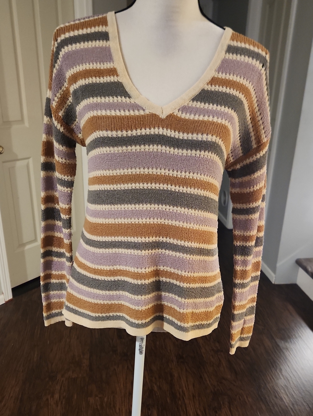 NWT Hem & Thread Green, Purple, Burnt Orange Striped Open Knit V Neck Sweater